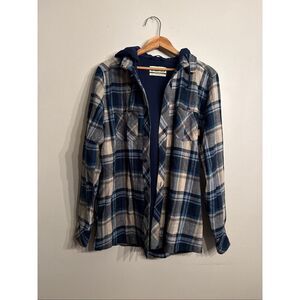 Dravus Blue Gray Plaid Flannel Thermal Hooded Button Up Shirt Jacket Medium NWT